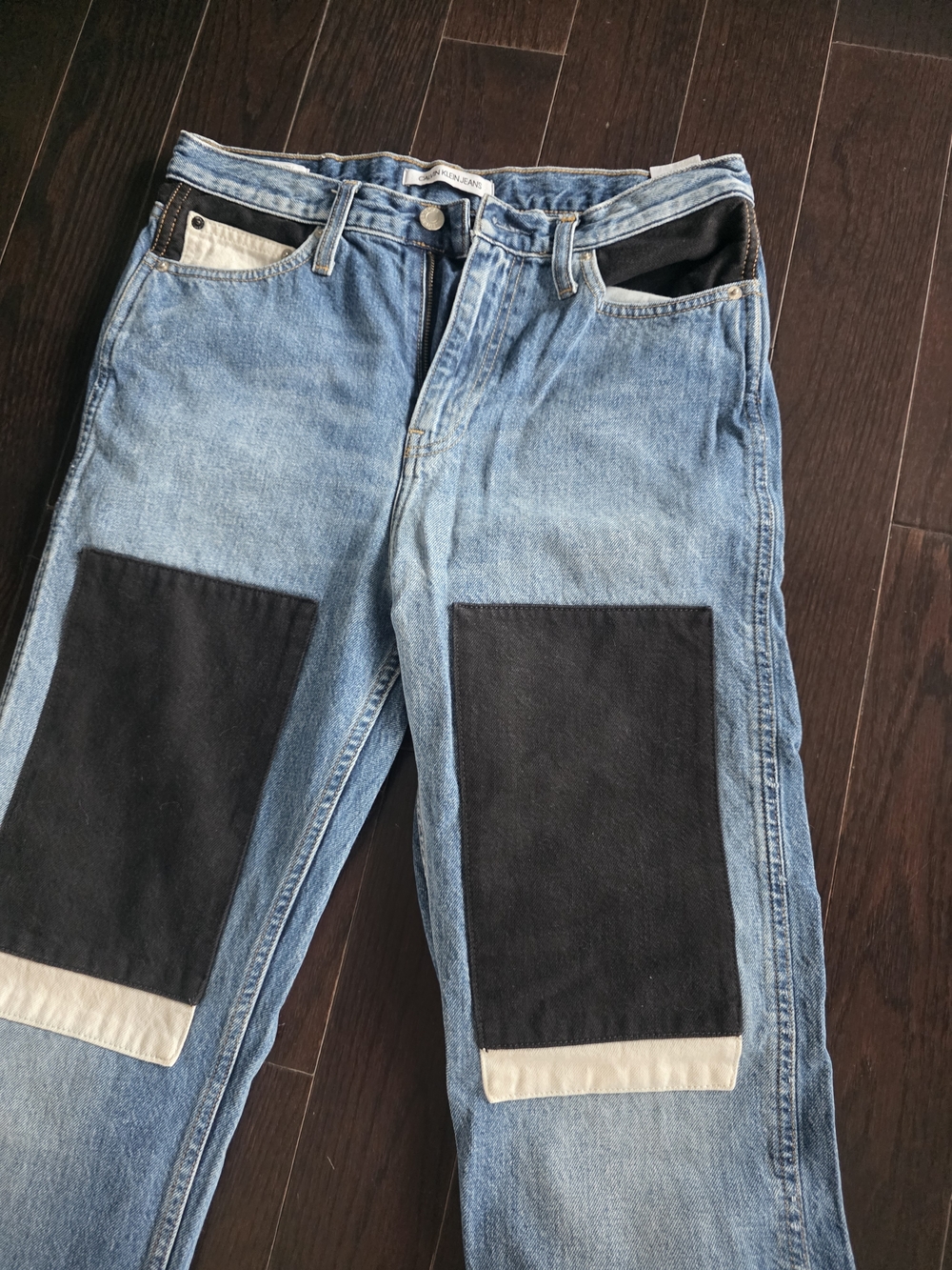 Calvin Klein Blue Straight-Leg Jeans with Black & White Knee Panels - Picture 4 of 11